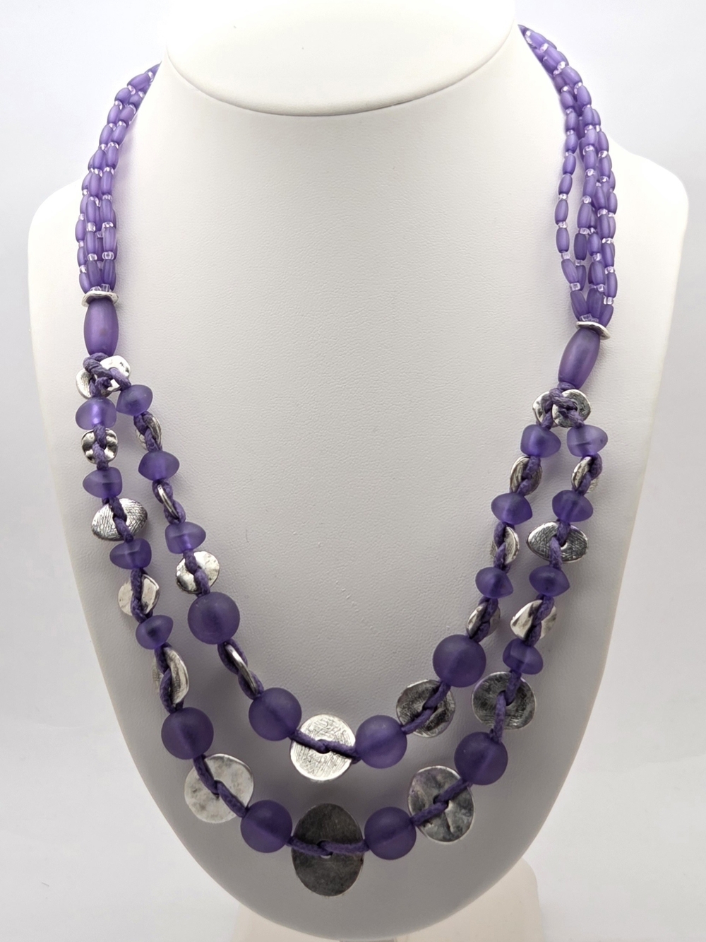 Coldwater Creek Purple Frosted Glass Bead Multi Strand Mixed Media Necklace 22"
